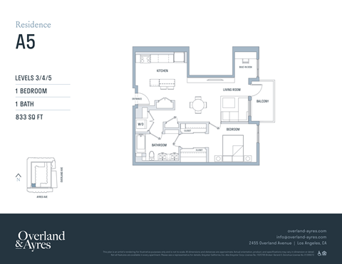 A floor plan for a residence labeled A5 shows a kitchen, living room, dining room, and two bedrooms.